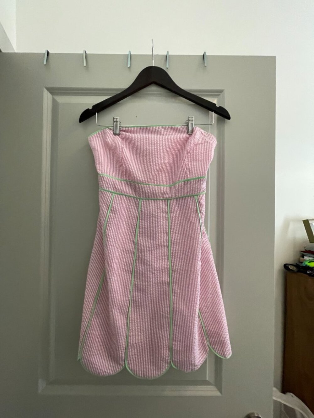 Strapless Pink Seersucker Scalloped Mini Dress - Picture 3 of 10